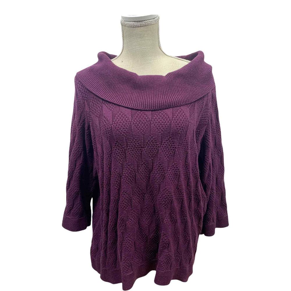 Christopher & Banks Deep Purple Cowl Neck Cable Knit 3/4 Sleeve Sweater Sz XL
